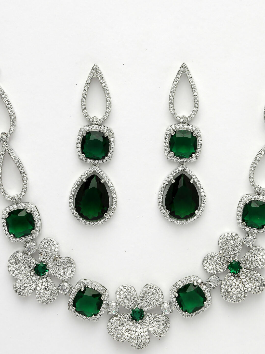 NVR Women's Green & Silver-Plated American Diamond Handcrafted Jewellery Set - Swadesiicart