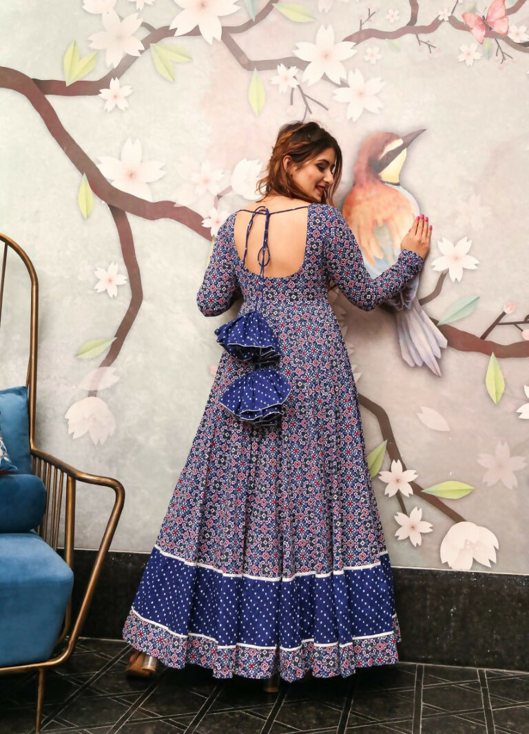 Jyoti Fashion Women's Navy Blue Heavy Digital Printed Cotton Silk Anarkali Dress | Swadesiicart