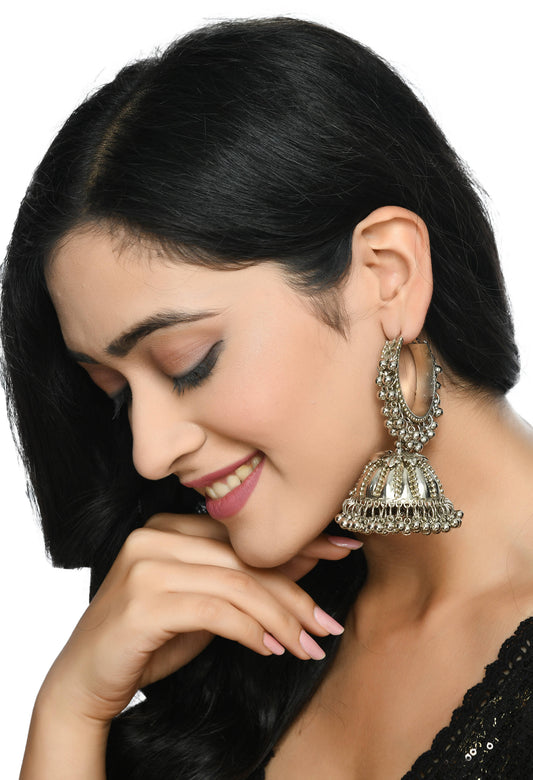 Mominos Fashion Johar Kamal Oxidised Silver-Plated With Ghungroo Jhumkas - Swadesiicart