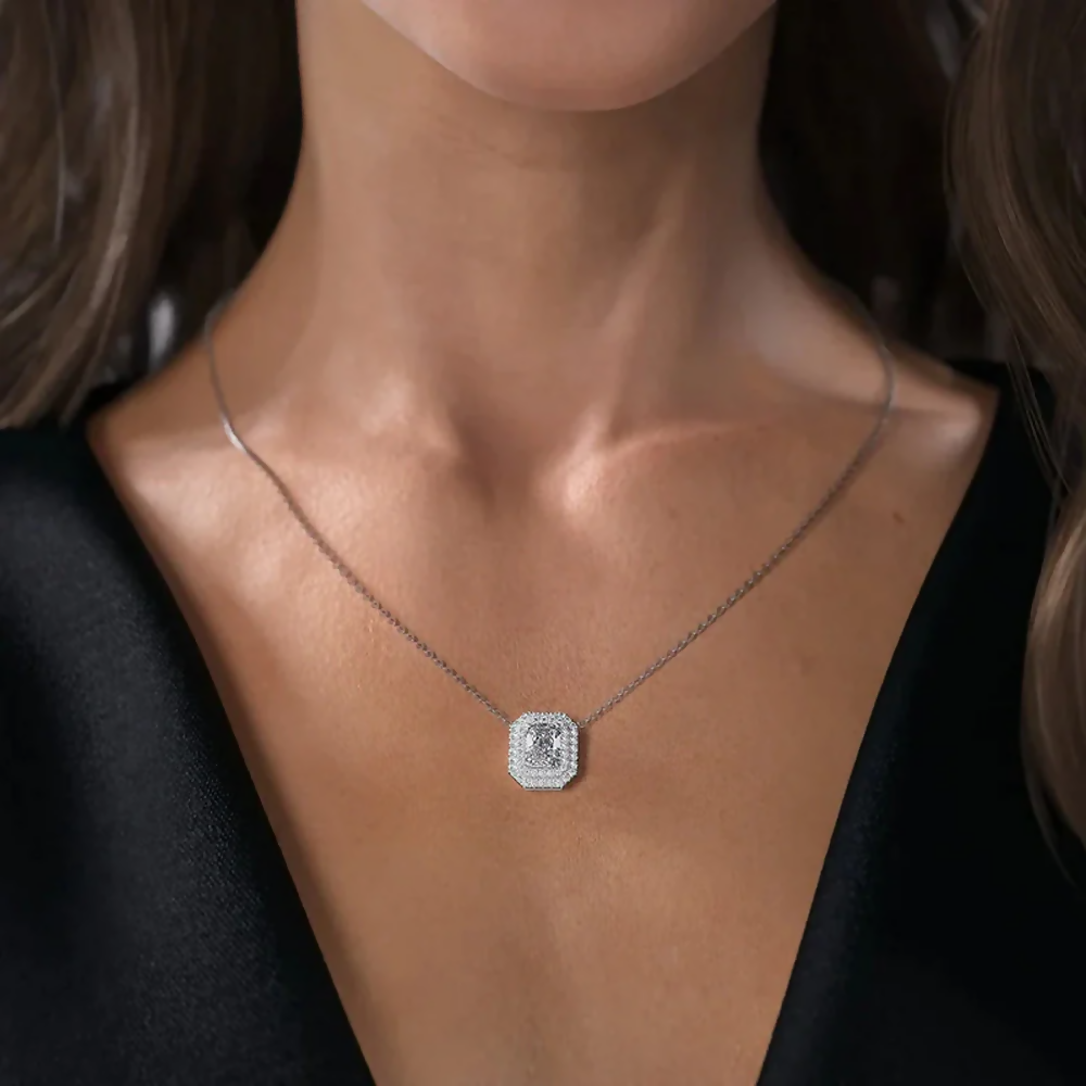 Cauer Elegant Radiant Moissanite Pendant Chain 14K Sterling Silver White Gold Plated | Swadesiicart
