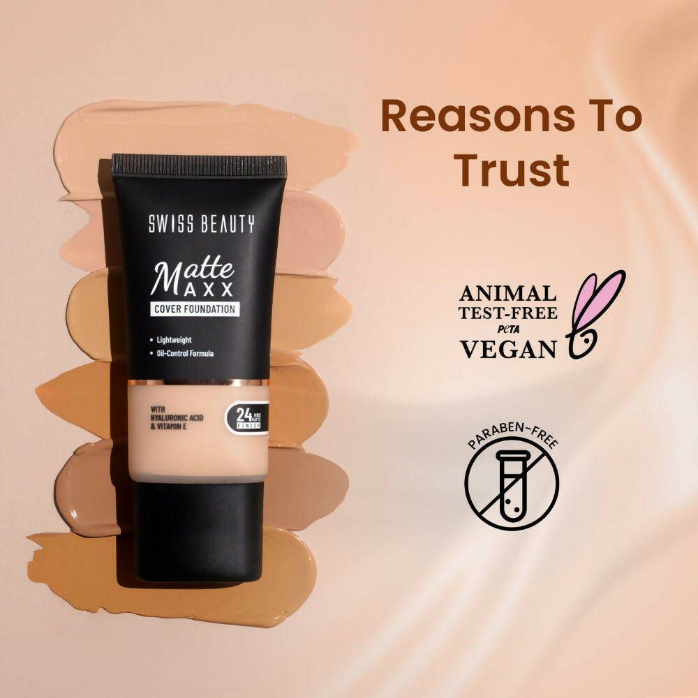 Swiss Beauty Matte Maxx Cover Foundation with Hyaluronic Acid & Vitamin E - 6 Deep Warm | Swadesiicart