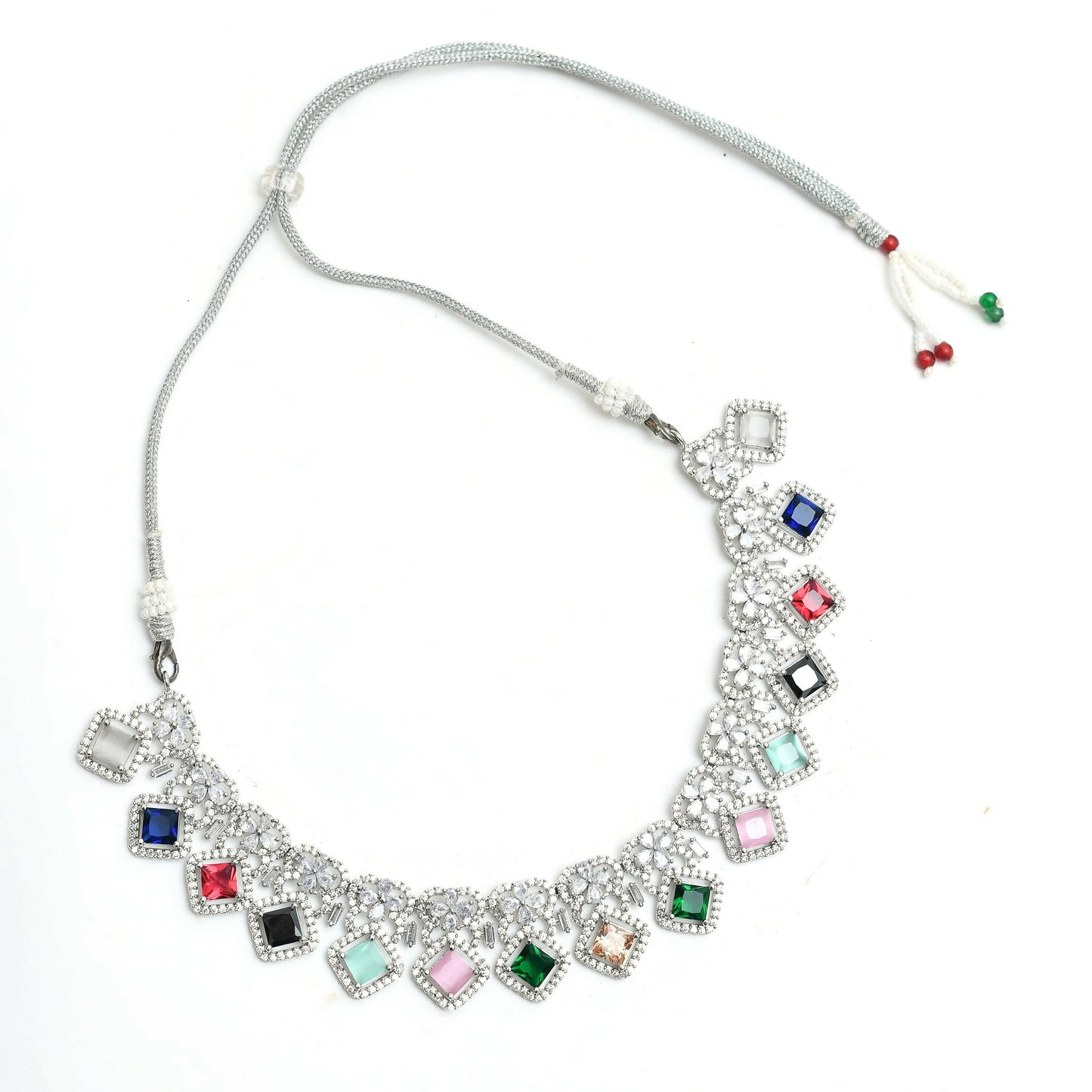Mominos Fashion Johar Kamal Women Silver-Plated American Diamond Multi Colour Choker Set | Swadesiicart
