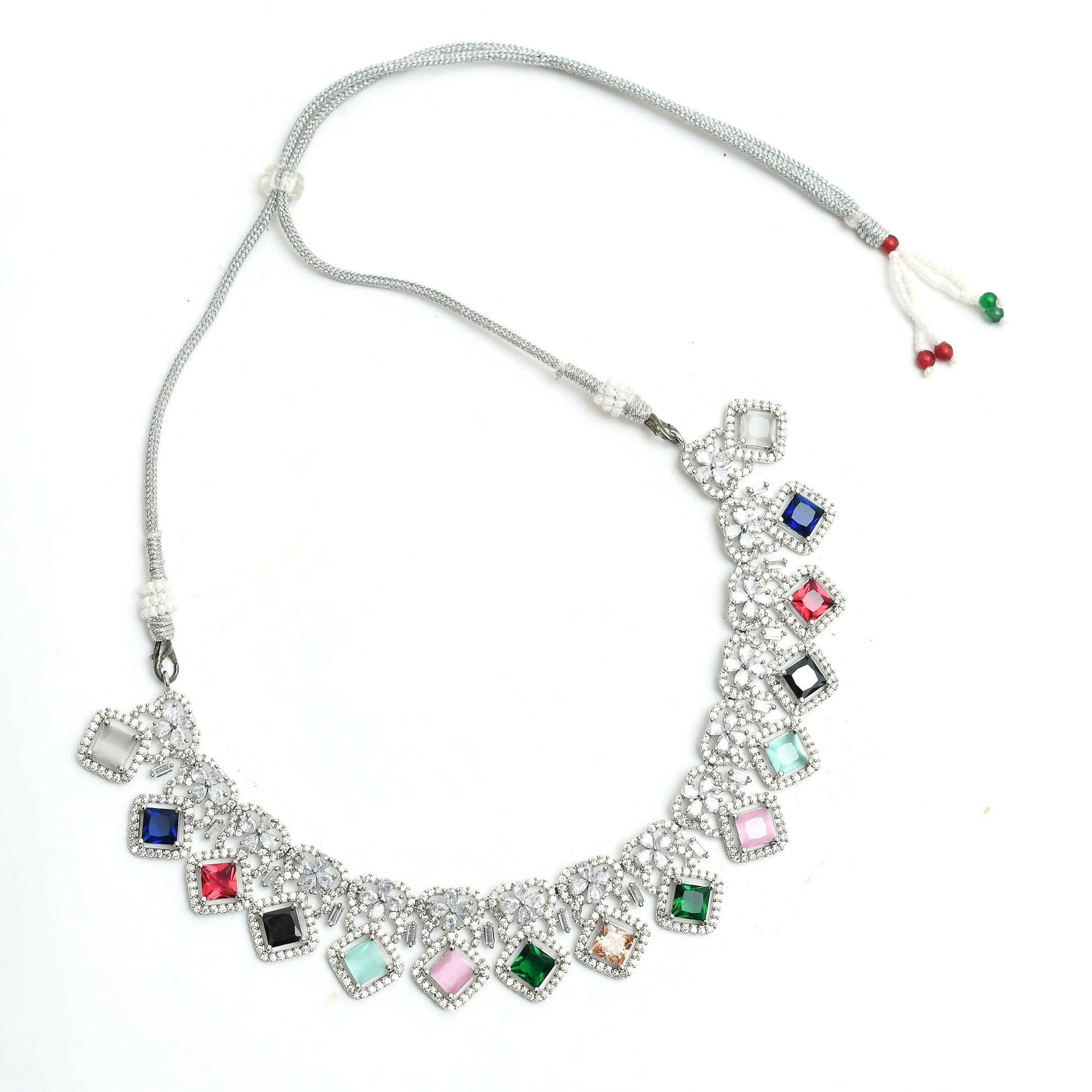 Mominos Fashion Johar Kamal Women Silver-Plated American Diamond Multi Colour Choker Set | Swadesiicart
