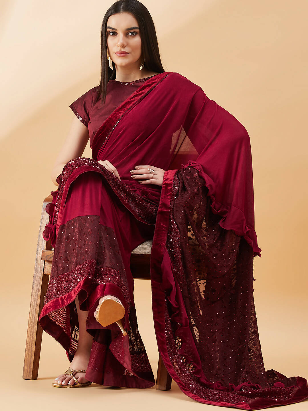 Maroon Lycra Embossed Fancy Velvet, Sequins Embroidery, Frill Details Saree - Norita Hit Design - Swadesiicart