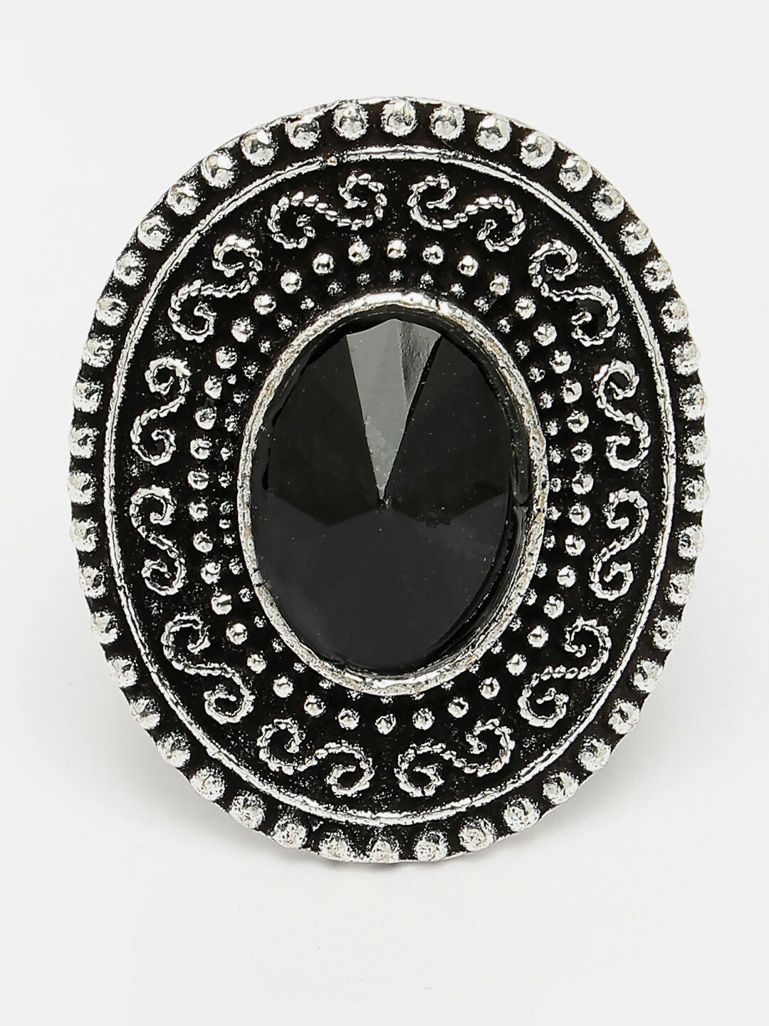 NVR Women's Black Silver-Toned German Silver Adjustable Finger Ring | Swadesiicart