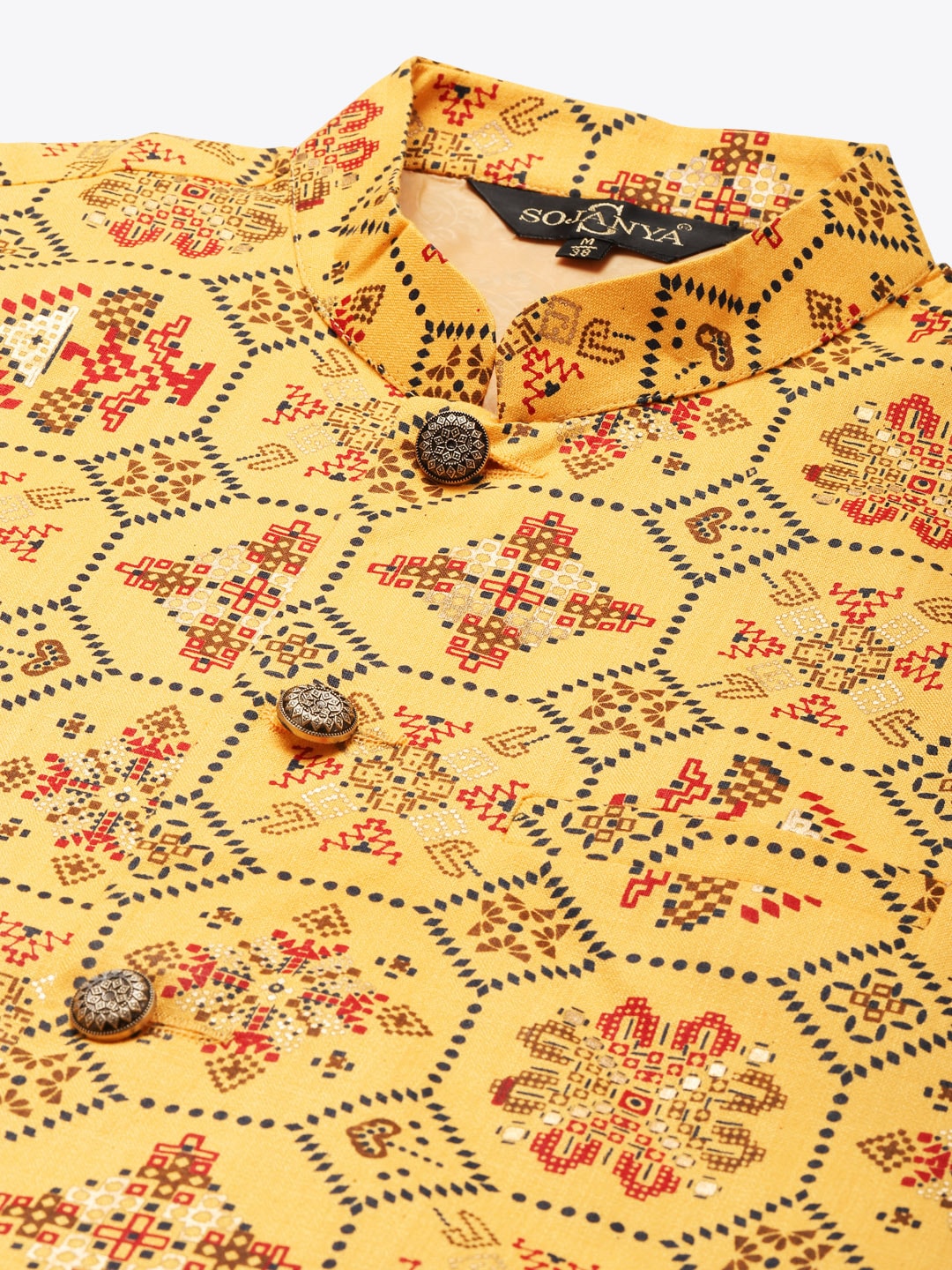 Sojanya Men Mustard Yellow Pure Cotton Kurta with Churidar & Nehru Jacket | Swadesiicart