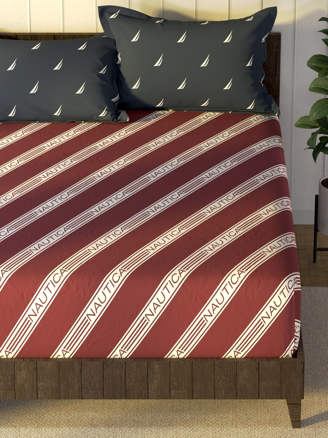 Nautica Noridge Red & White Printed Cotton 160 TC King Bedsheet with 2 Pillow Covers - Swadesiicart