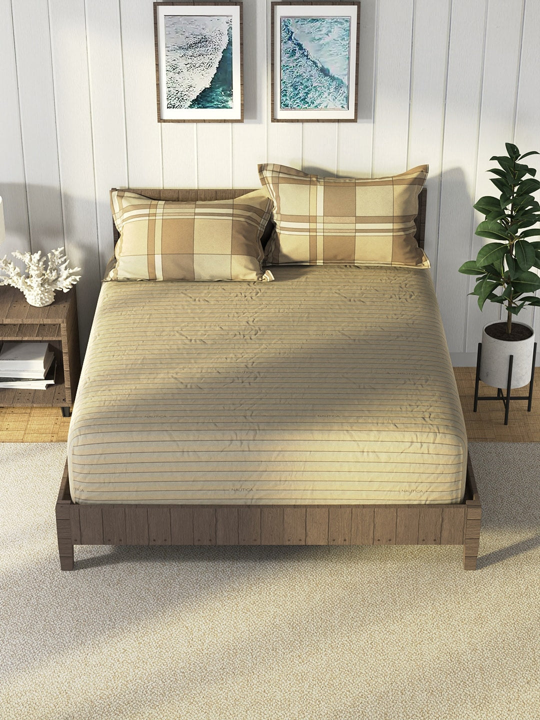 Nautica Brown & Brown Striped Cotton 160 TC King Bedsheet With 2 Pillow Covers - Swadesiicart