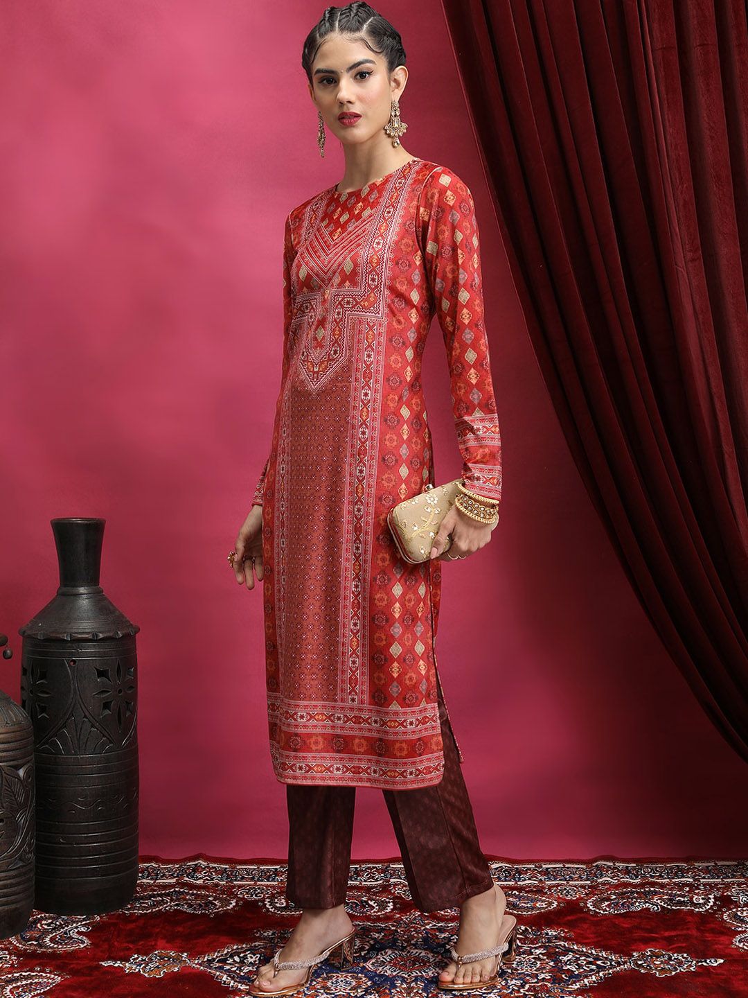 Vishudh Red Ethnic Motifs Printed Neck Straight Kurta - Swadesiicart