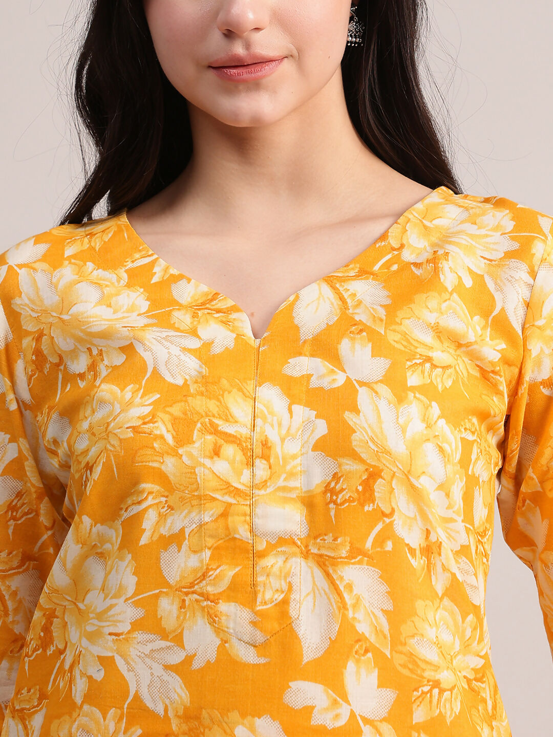 Aavyora Women Mustard Yellow Floral Printed Kurta with Chevron Printed Pants & Dupatta Set - Swadesiicart