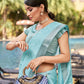 Mitera Blue & Silver-Toned Floral Embroidered Zari Pure Linen Banarasi Saree | Swadesiicart