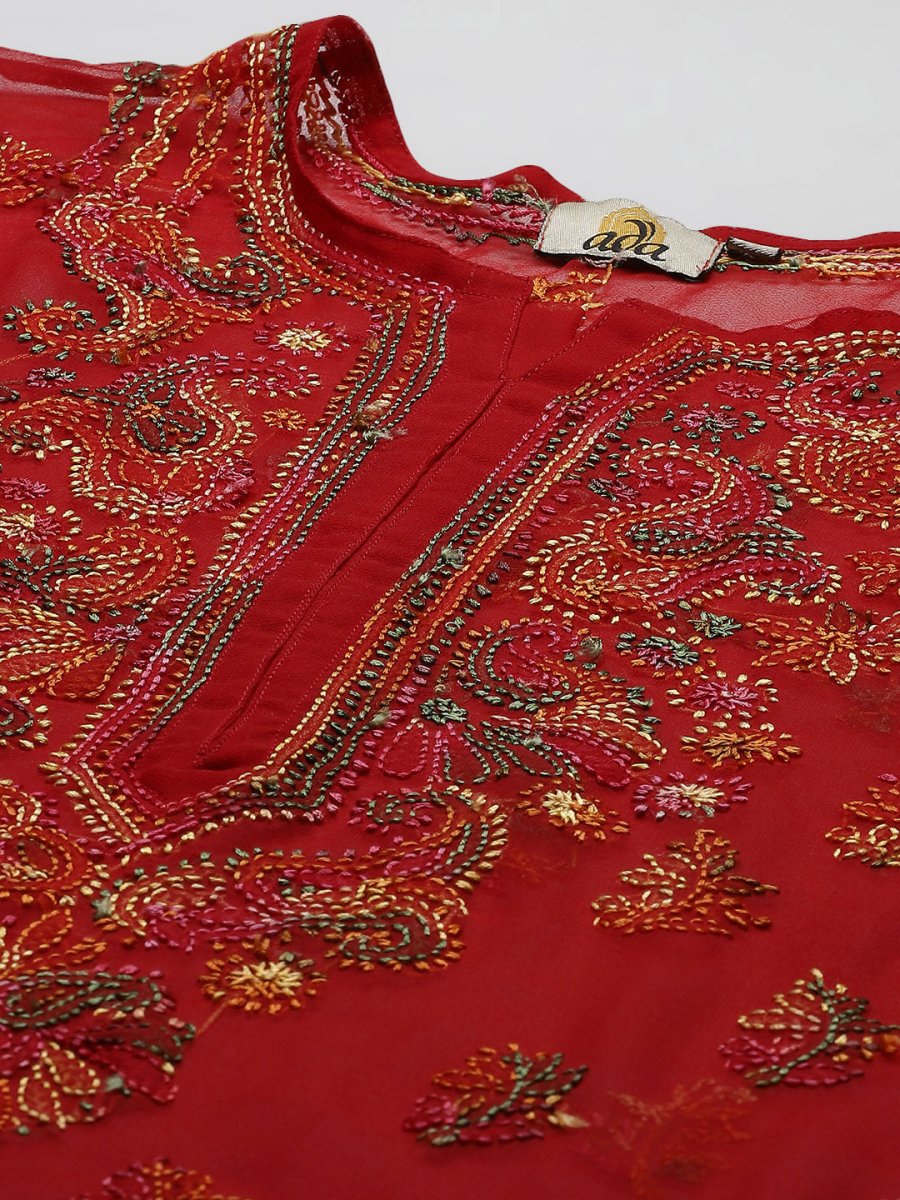 ADA Women Red Embroidered Regular Chikankari Kurta with Trousers | Swadesiicart