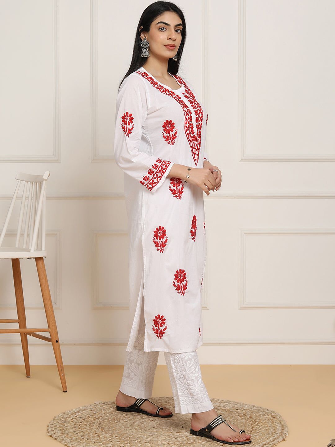 HOUSE OF KARI Women Floral Embroidered Regular Chikankari Pure Cotton Kurta with Trousers | Swadesiicart