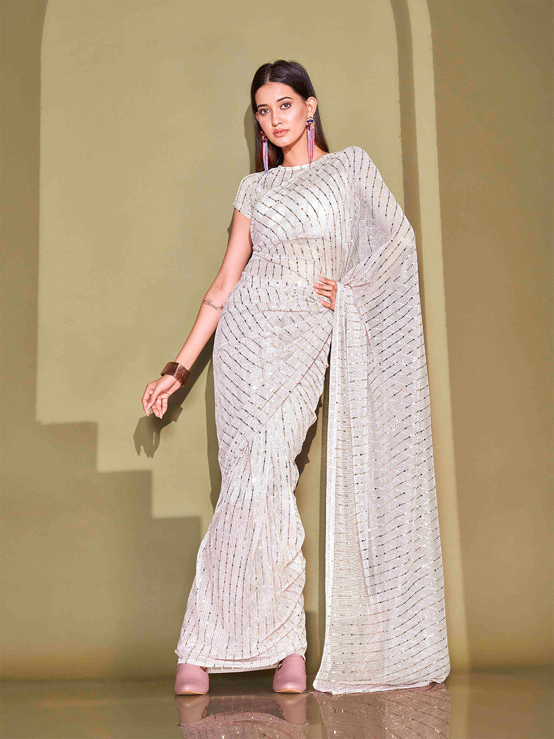 Tikhi Imli White Sequinned Embellished Saree | Swadesiicart