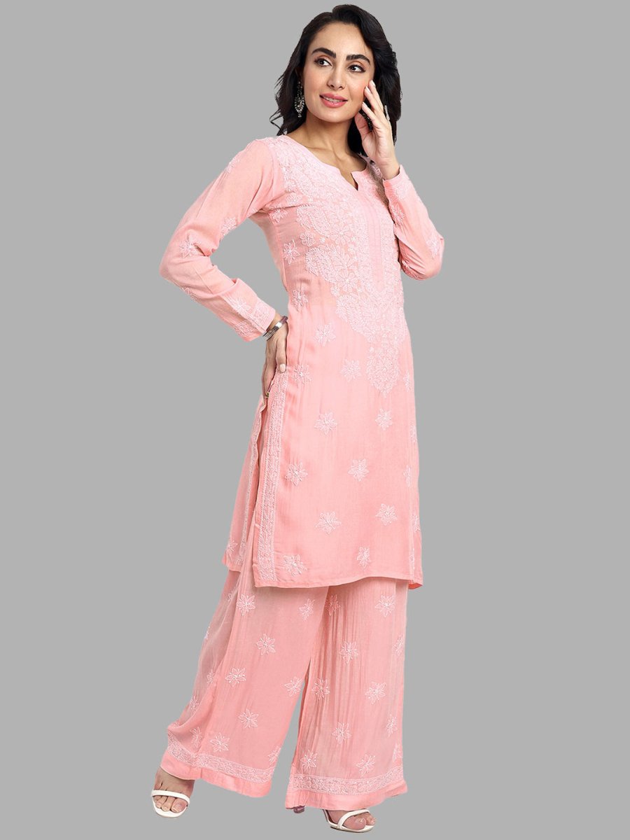ADA Floral Embroidered Long Sleeves Regular Lucknowi Chikankari Kurta With Palazzos | Swadesiicart