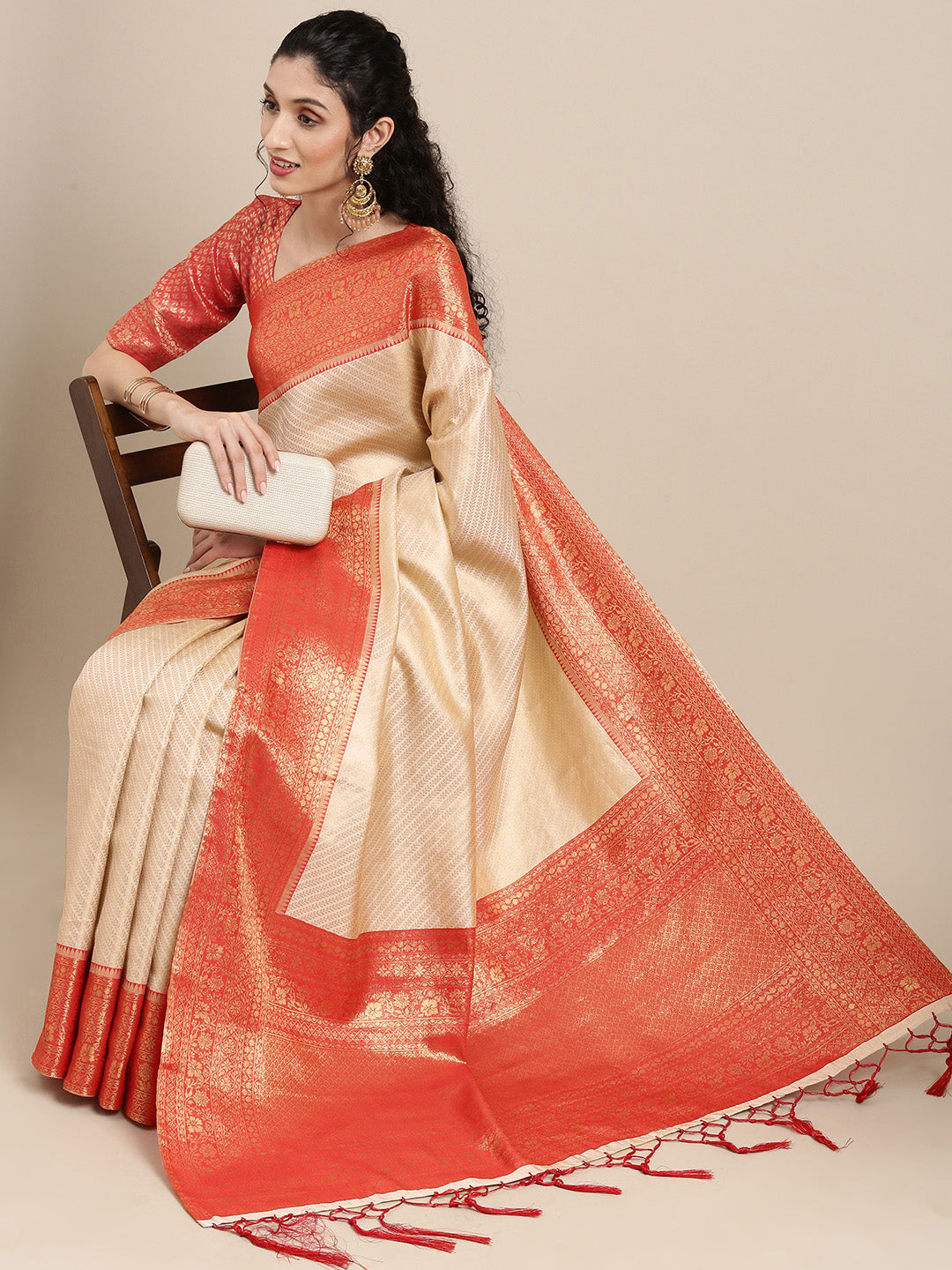 Saree Mall Off White & Red Woven Design Zari Silk Blend Banarasi Saree | Swadesiicart