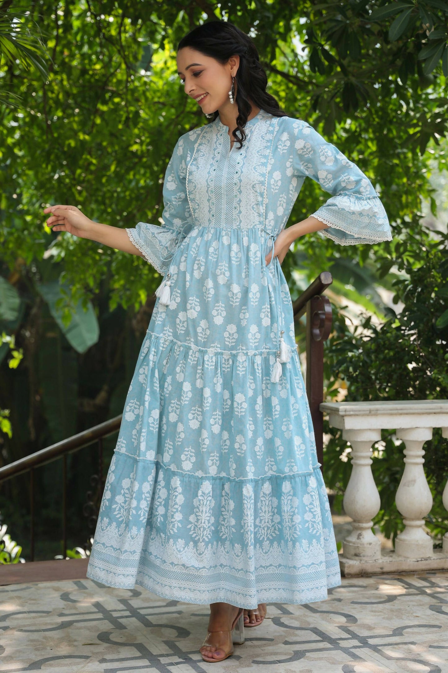 Juniper Women's Skyblue Cambric Floral Printed Maxi Tiered Dress | Swadesiicart