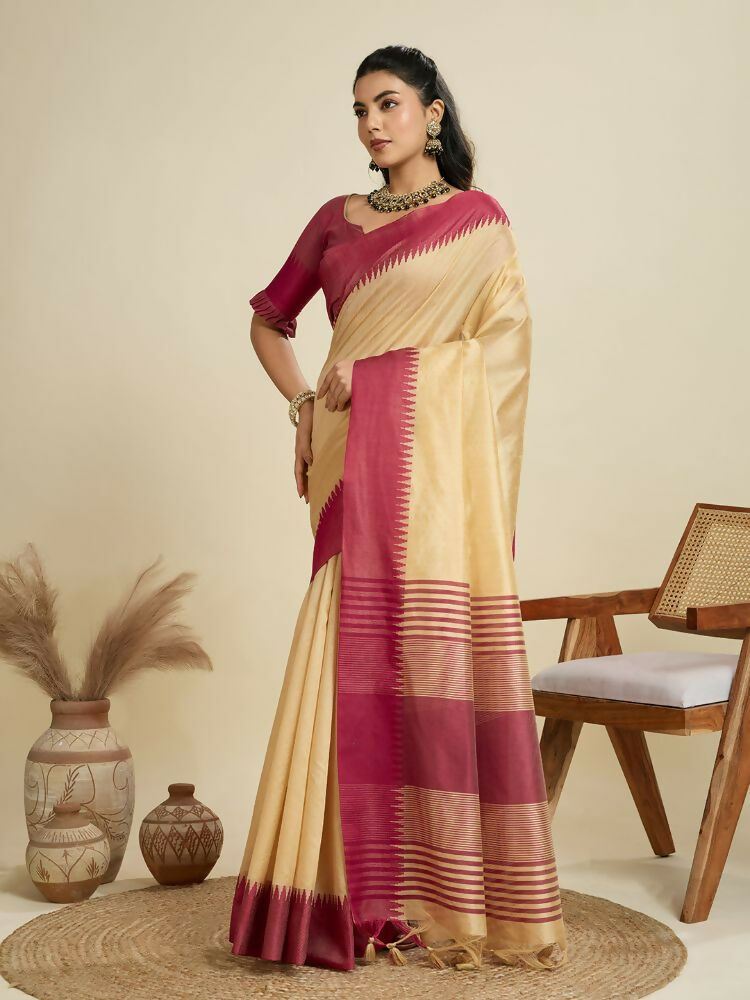 Vishnu Weaves Women's Chiku Raw Silk Thread Woven Saree with Blouse - Swadesiicart