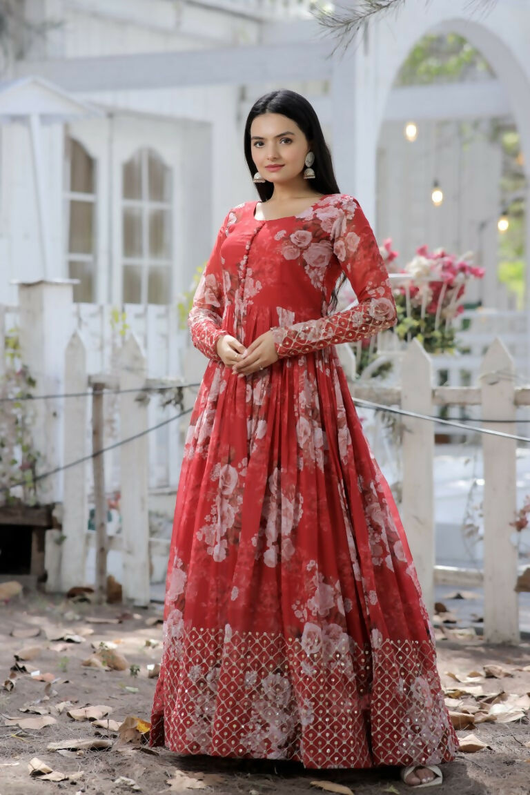 Jyoti Fashion Women's Red Sequence Zari Embroidered Faux Georgette Anarkali Dress | Swadesiicart