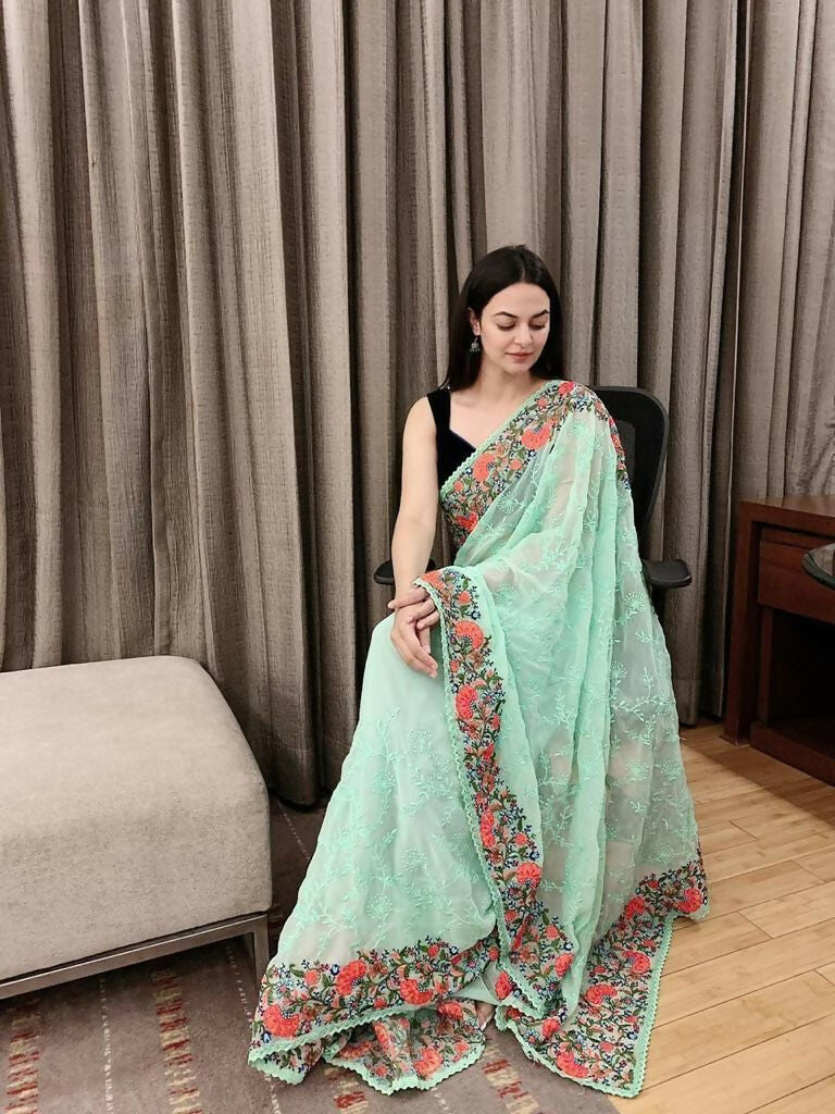 Vamsee Sandhya Sea Green Georgette Saree - Swadesiicart