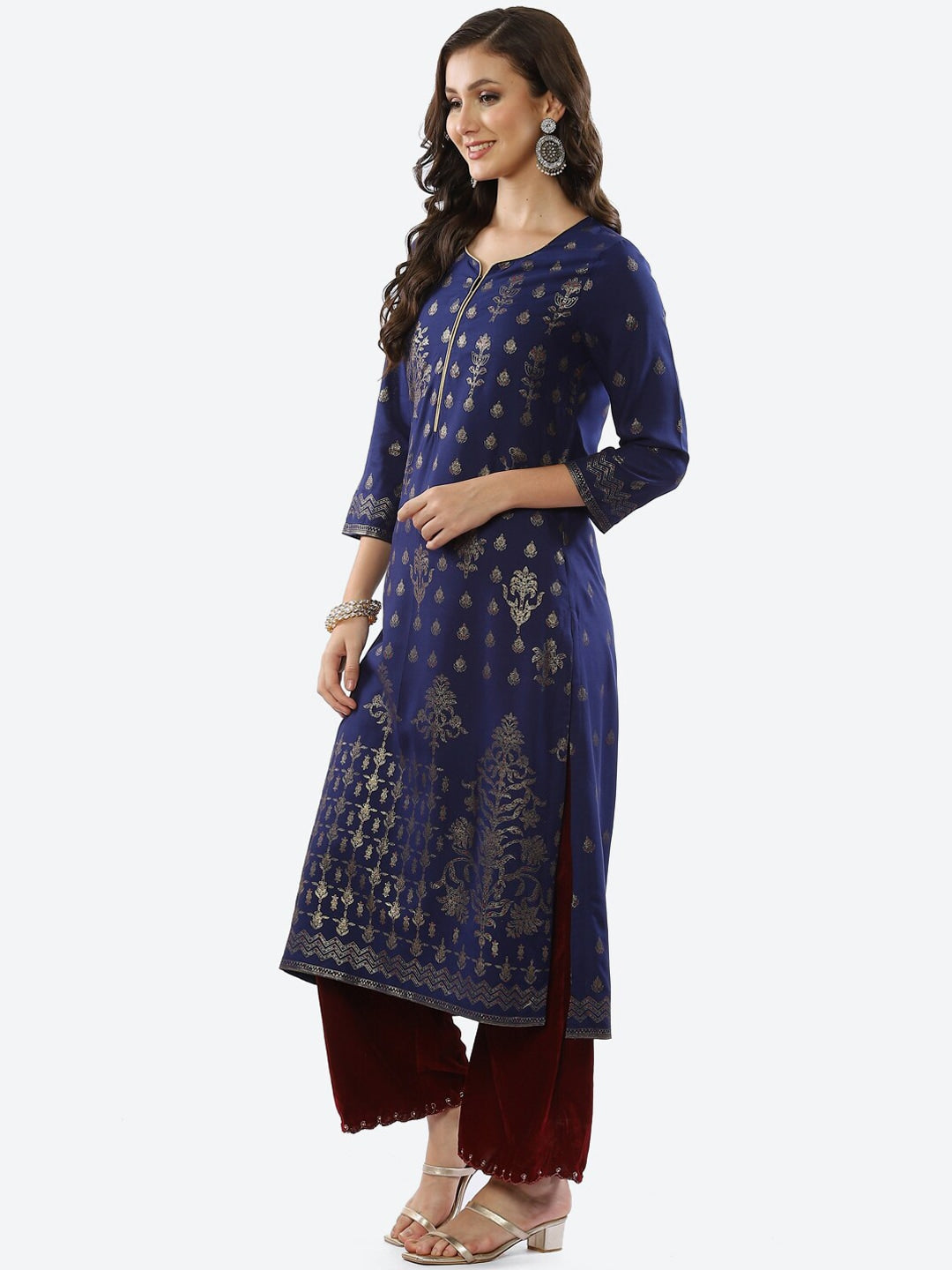 Biba Women Blue Ethnic Motifs Printed Rayon Kurta - Swadesiicart