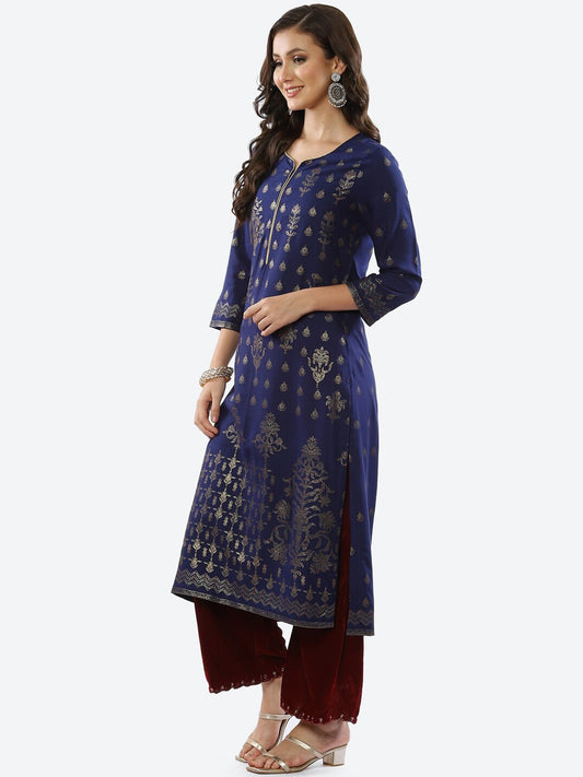 Biba Women Blue Ethnic Motifs Printed Rayon Kurta - Swadesiicart