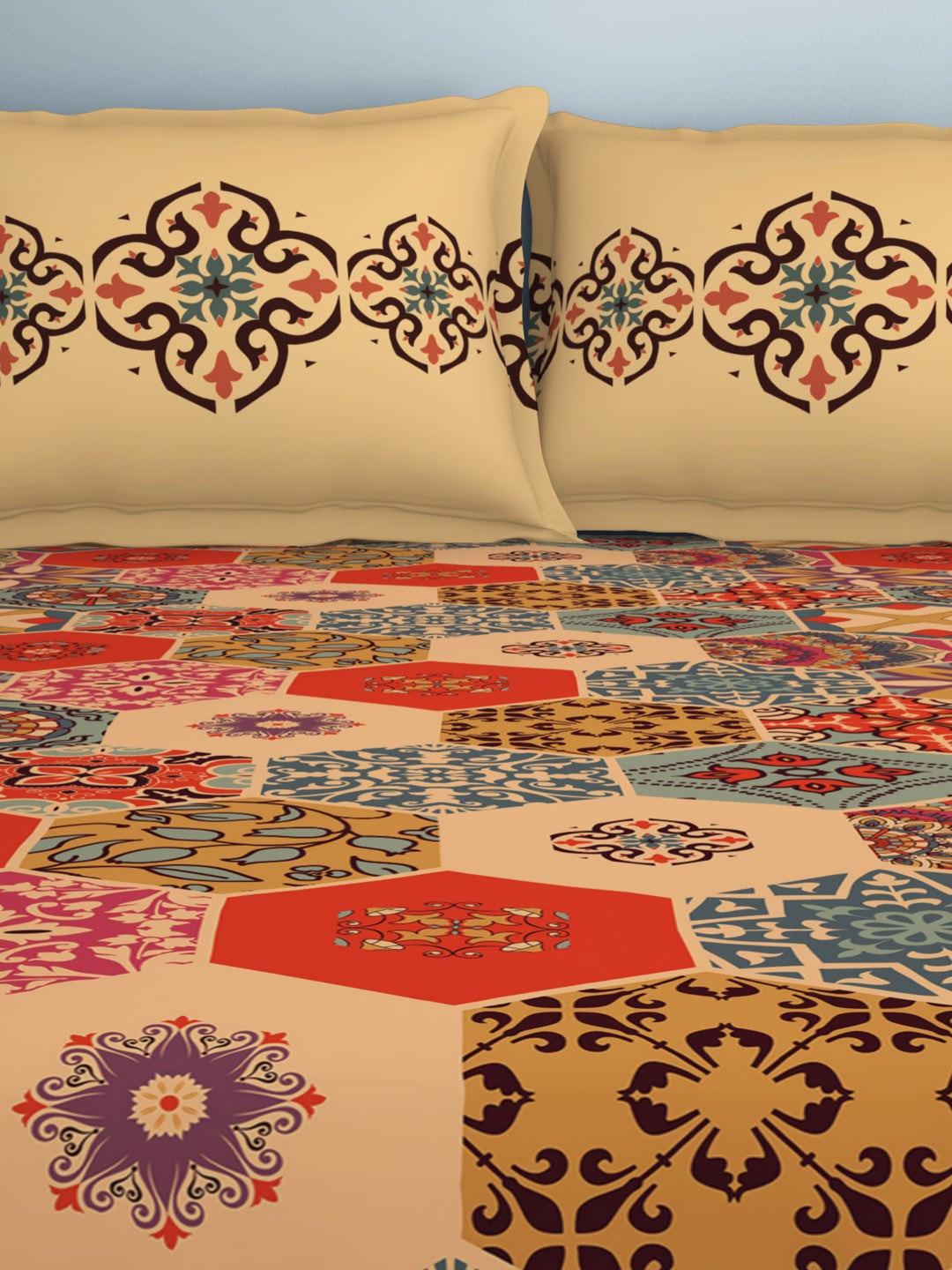 SPACES Aurum Orange Ethnic Motifs Pure Cotton 140 TC Queen Bedsheet with 2 Pillow Covers - Swadesiicart