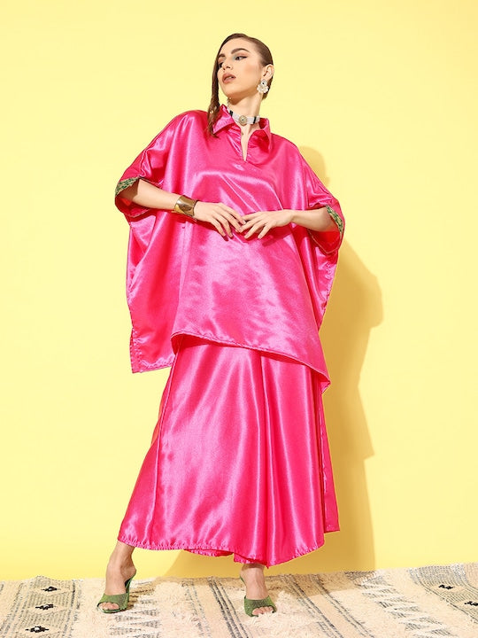 InWeave Women's Pink Green Brocade Satin Boho Kurta Palazzo Set - Swadesiicart