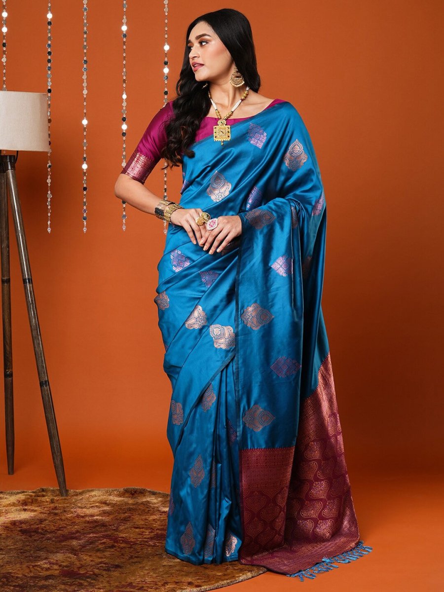 Anouk Blue & Gold-Toned Ethnic Motifs Woven Design Banarasi Saree | Swadesiicart