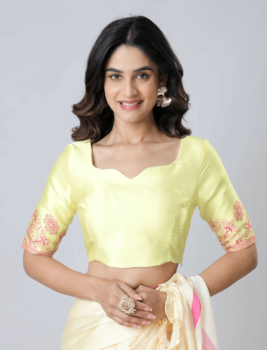 Vastranavya Yellow Mandala Print Free Hand Ready to Wear Saree | Swadesiicart