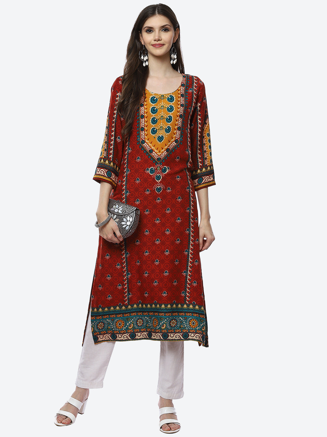 Biba Women Rust Floral Printed Kurta - Swadesiicart
