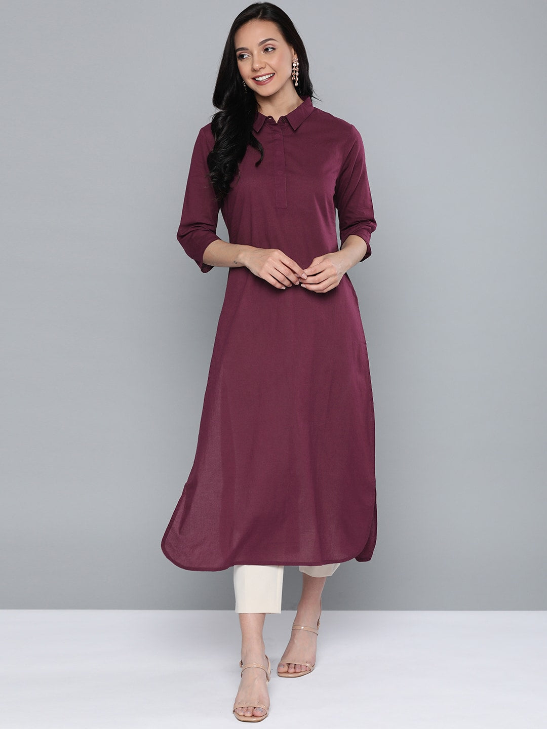 HERE&NOW Women Burgundy Cotton Solid Pathani Kurta - Swadesiicart