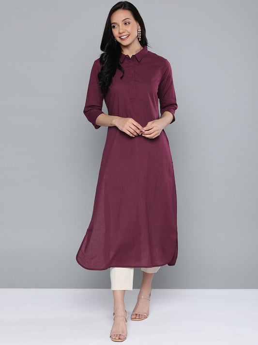HERE&NOW Women Burgundy Cotton Solid Pathani Kurta - Swadesiicart