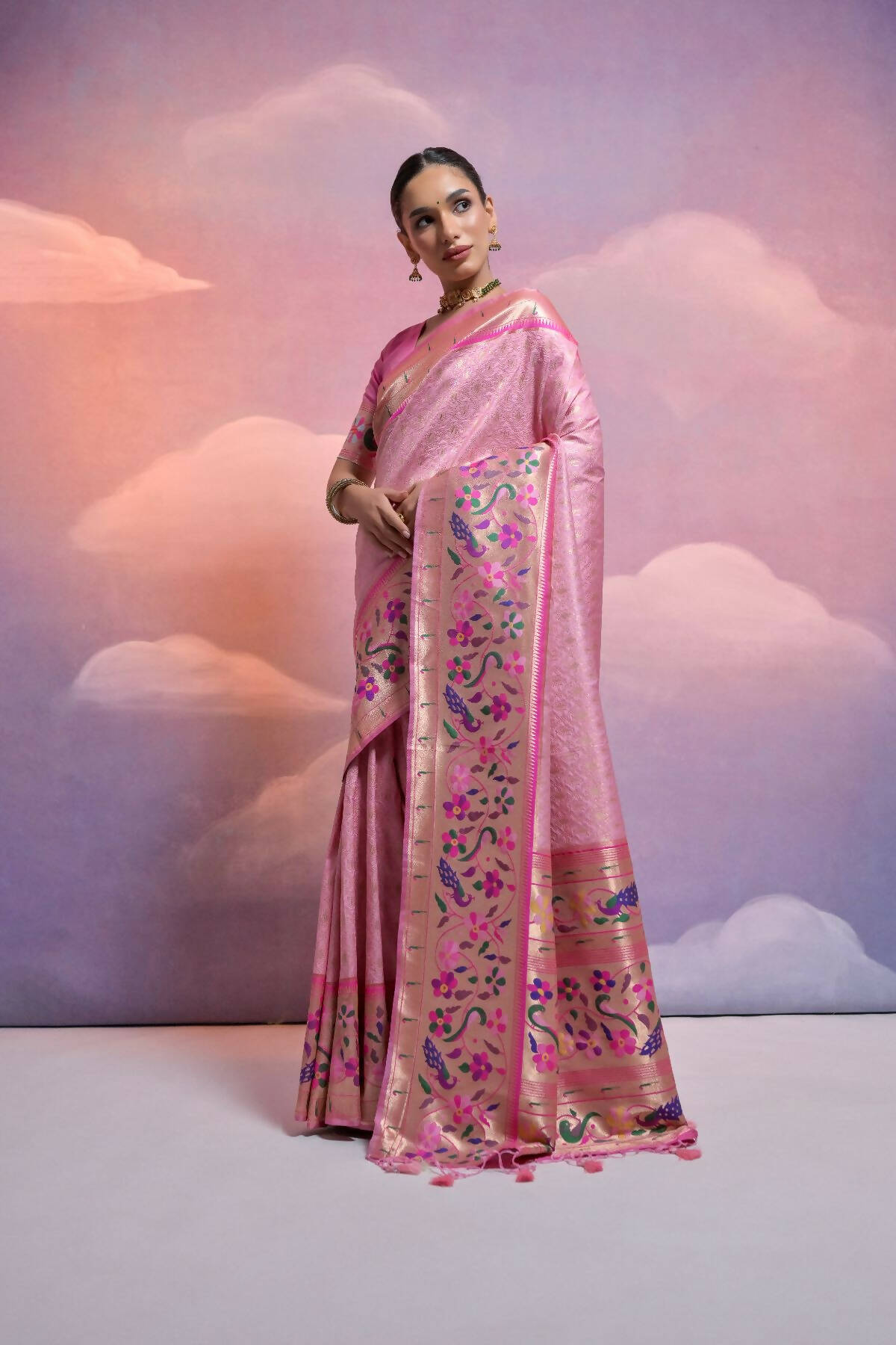 Vishnu Weaves Women's Baby-Pink Paithani Silk Zari Woven Saree with Blouse - Swadesiicart