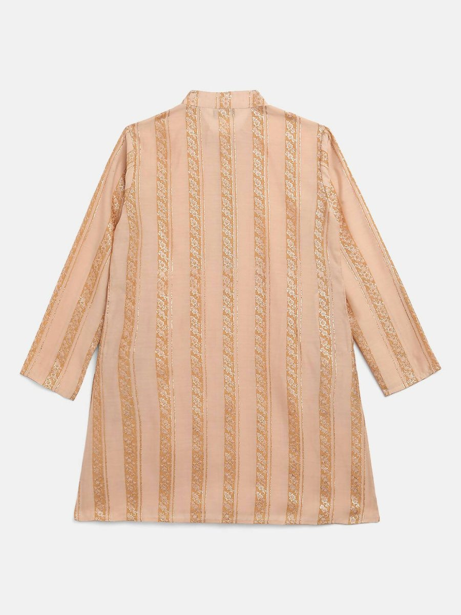 Ahalyaa Beige Chanderi Gold Foil Print Kids Kurta Churidar Set For Boys | Swadesiicart