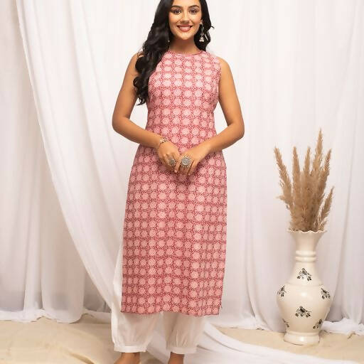 FIORRA Women's Floral Printed Pink Cotton Straight Kurta - Swadesiicart