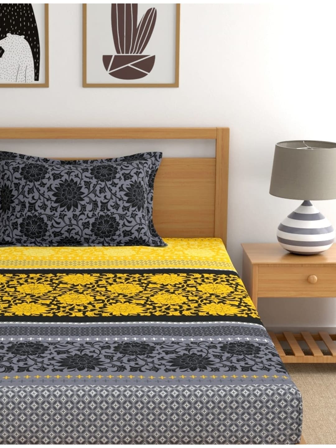 Dreamscape Yellow Ethnic Motifs Cotton 140 TC Fitted Single Bedsheet & 1 Pillow Cover - Swadesiicart