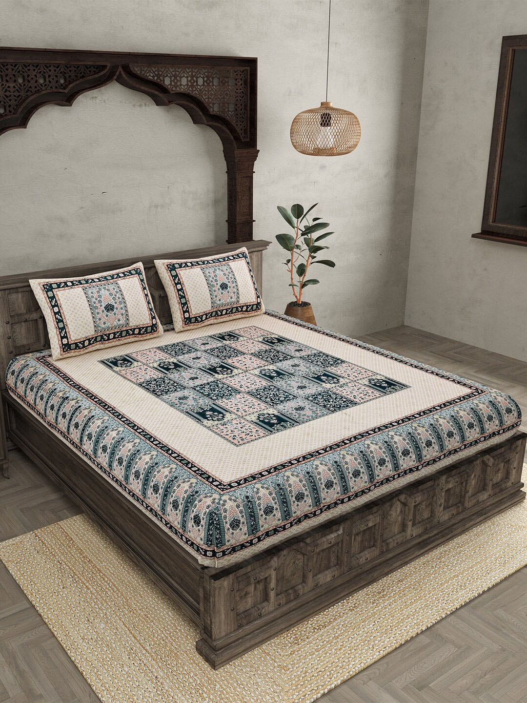 JAIPUR FABRIC Beige & Green Ethnic Motifs Cotton 210 TC Queen Bedsheet & 2 Pillow Covers | Swadesiicart