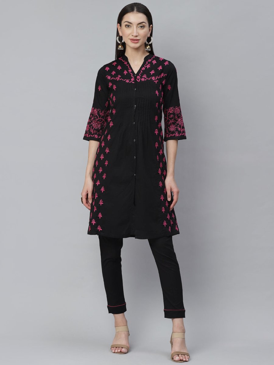 ADA Women Black & Pink Chikankari Hand Embroidered Sustainable Handloom Kurta with Trousers | Swadesiicart