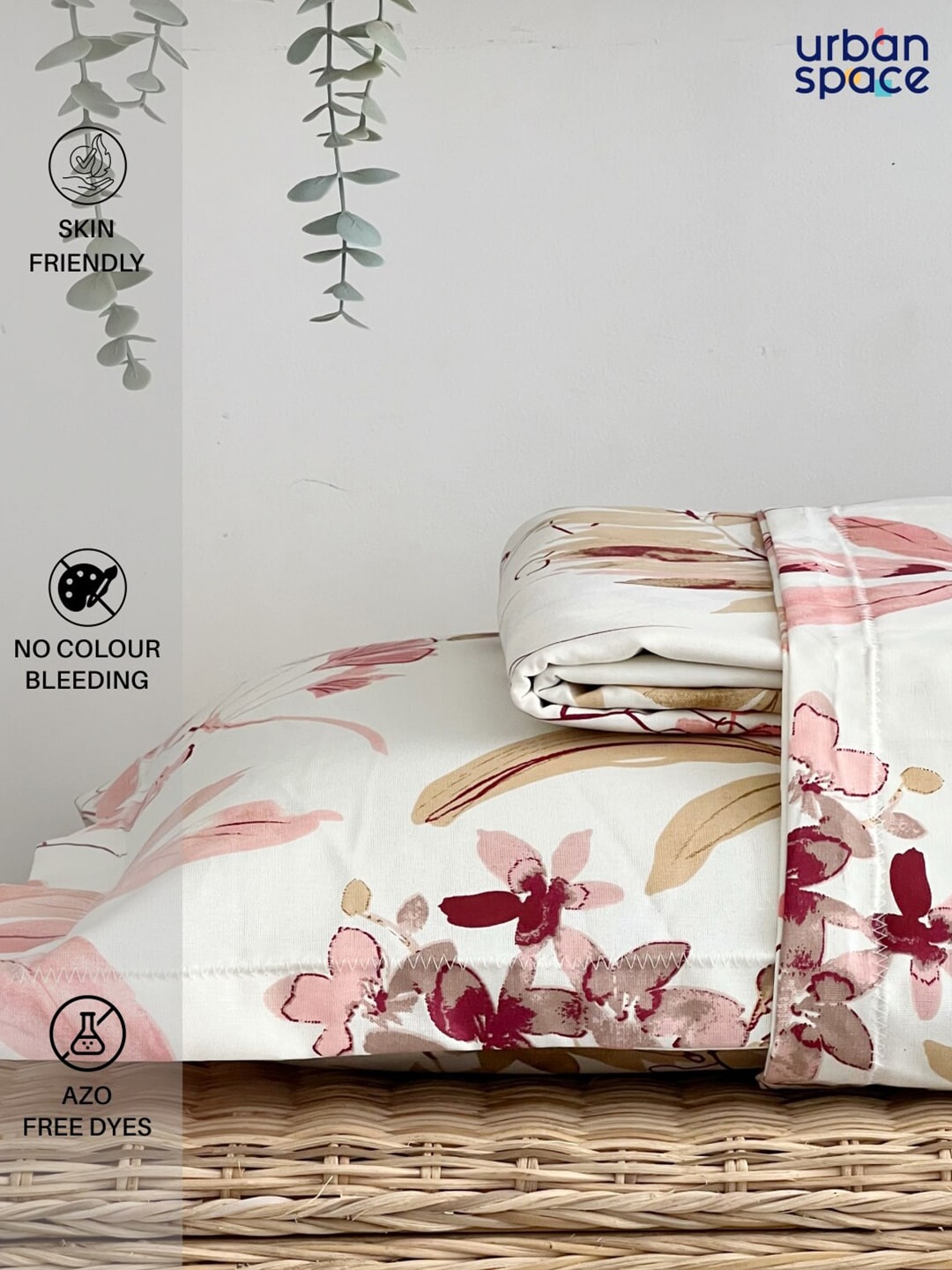 URBAN SPACE Serene White Floral Printed 200 TC Pure Cotton Bedsheet & Pillow Covers - Swadesiicart