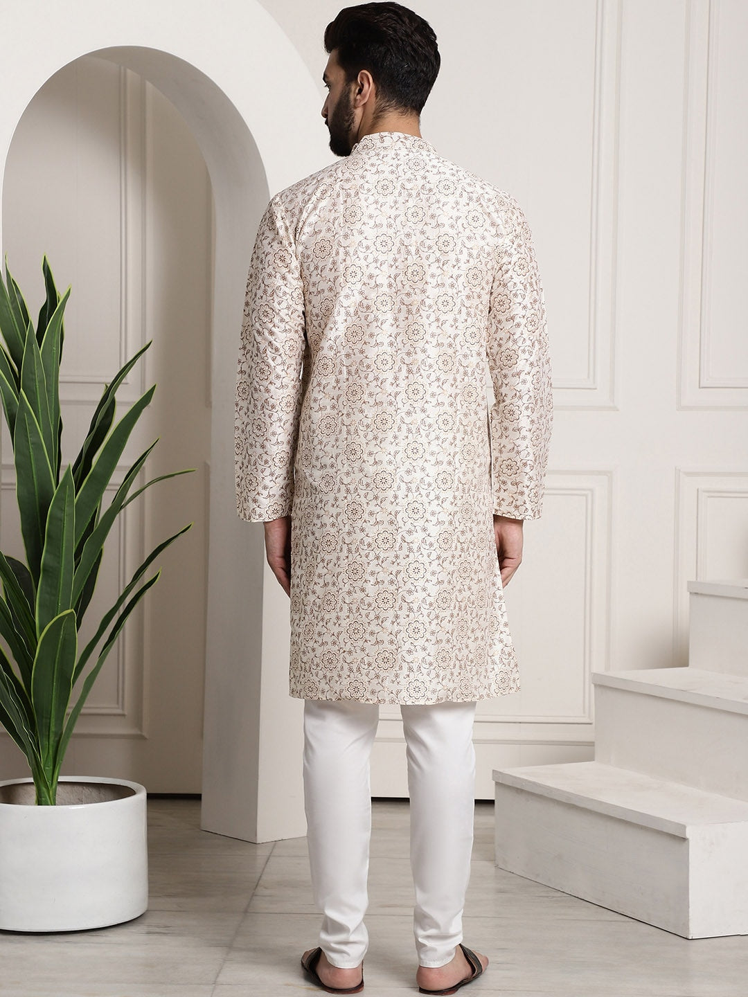 Sojanya Men Cream-Coloured & Brown Silk Cotton Printed Regular Kurta with Churidar | Swadesiicart