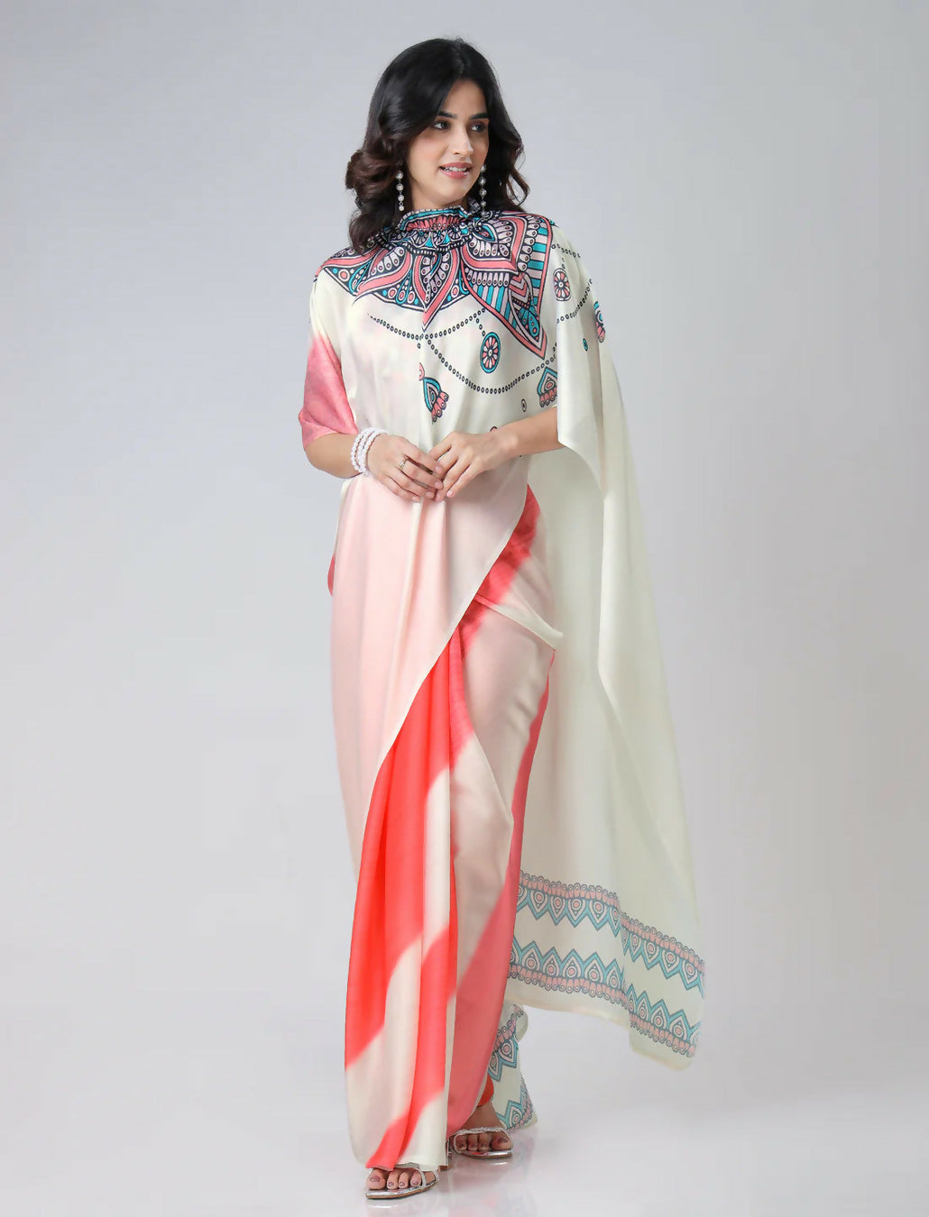 Vastranavya Coral Off White Freehand Mandalaa Print Ready to Wear Saree | Swadesiicart