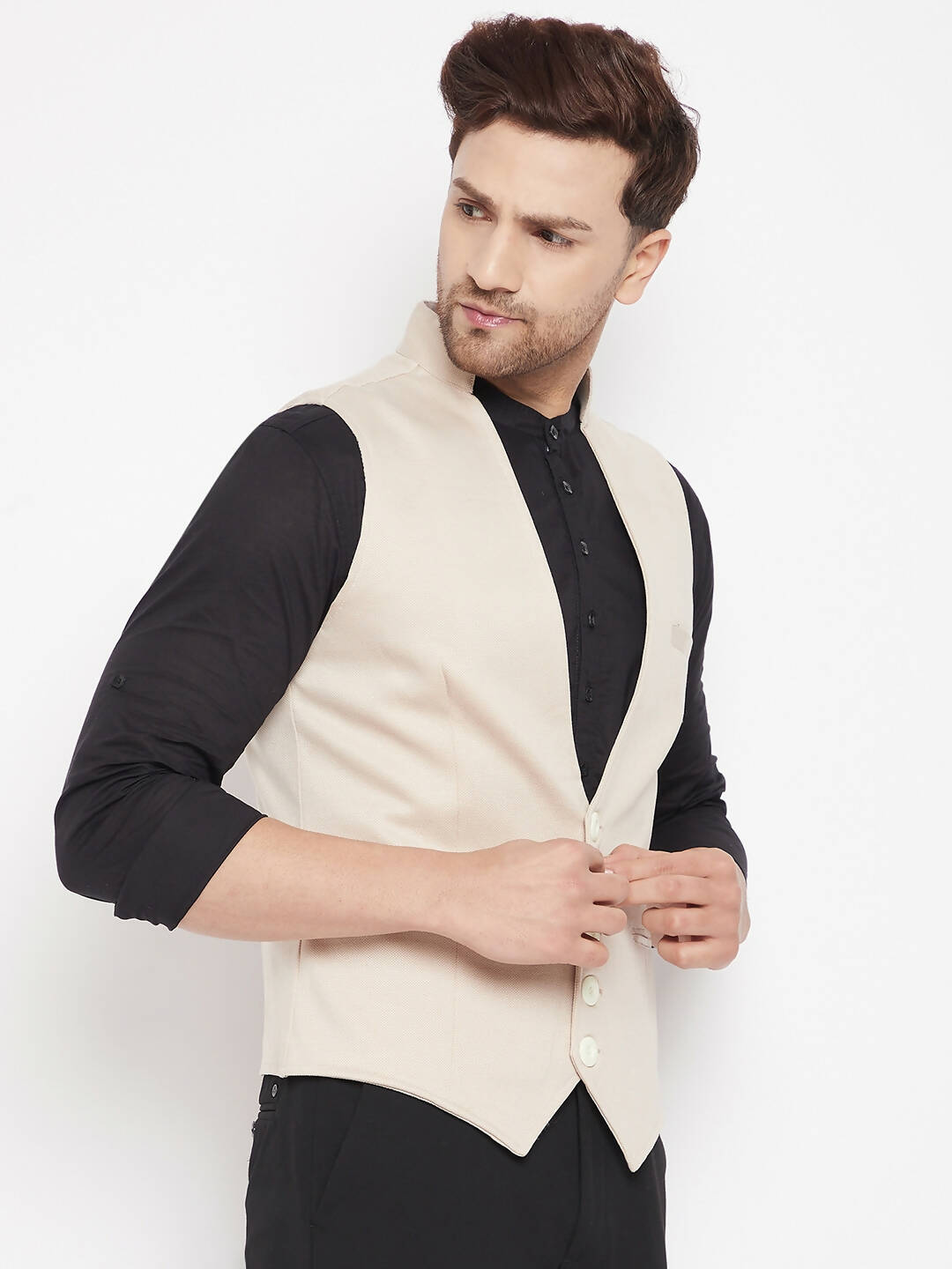 Even Apparels Cream Merino Men Woven Nehru Jacket | Swadesiicart