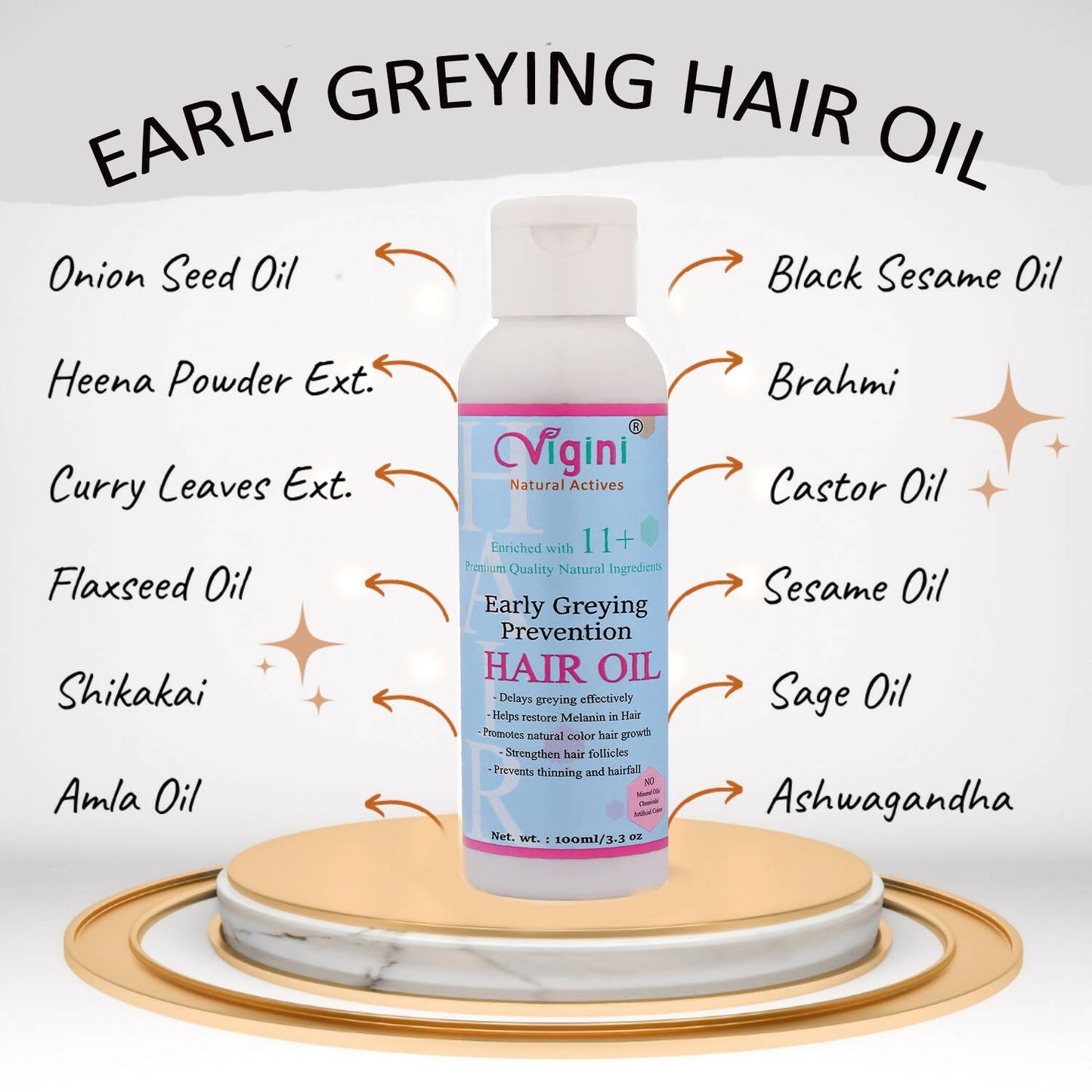 Vigini Early Anti Greying Hair Care Oil with Amla, Onion Seed Oil, Flaxseed Oil - Swadesiicart