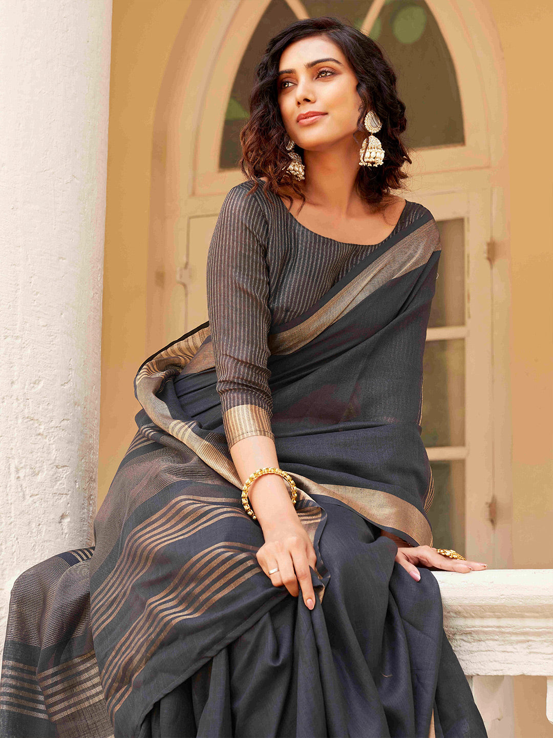 Tikhi Imli Charcoal & Gold-Toned Polycotton Zari Ready to Wear Saree | Swadesiicart