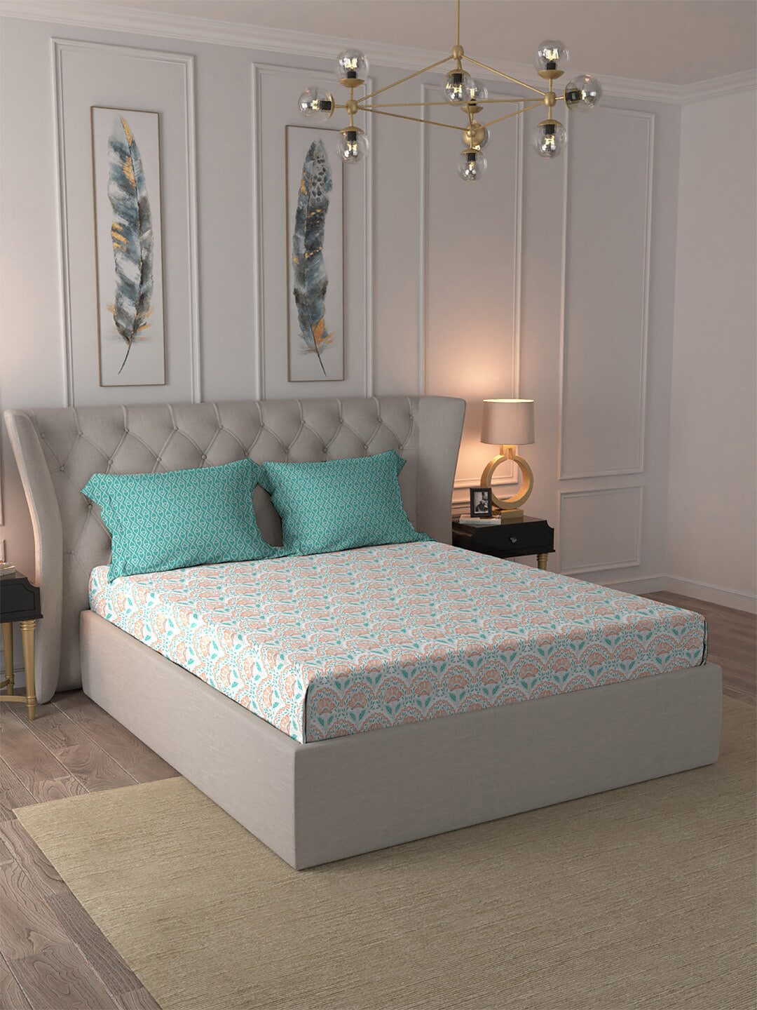 MYTRIDENT Orange Blue Ethnic Motifs Pure Cotton 120 TC Queen Bedsheet With 2 Pillow Covers - Swadesiicart