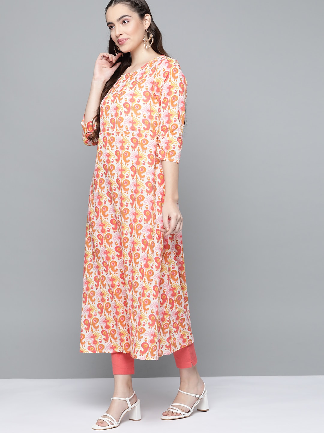 HERE&NOW Women Orange & White Ethnic Motifs Printed Kurta - Swadesiicart