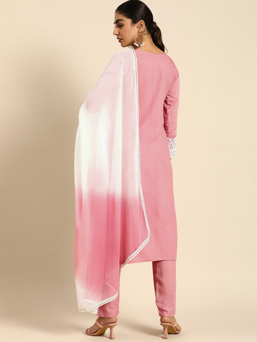All About You Women Embroidered Chikankari Kurta With Trousers & With Dupatta | Swadesiicart