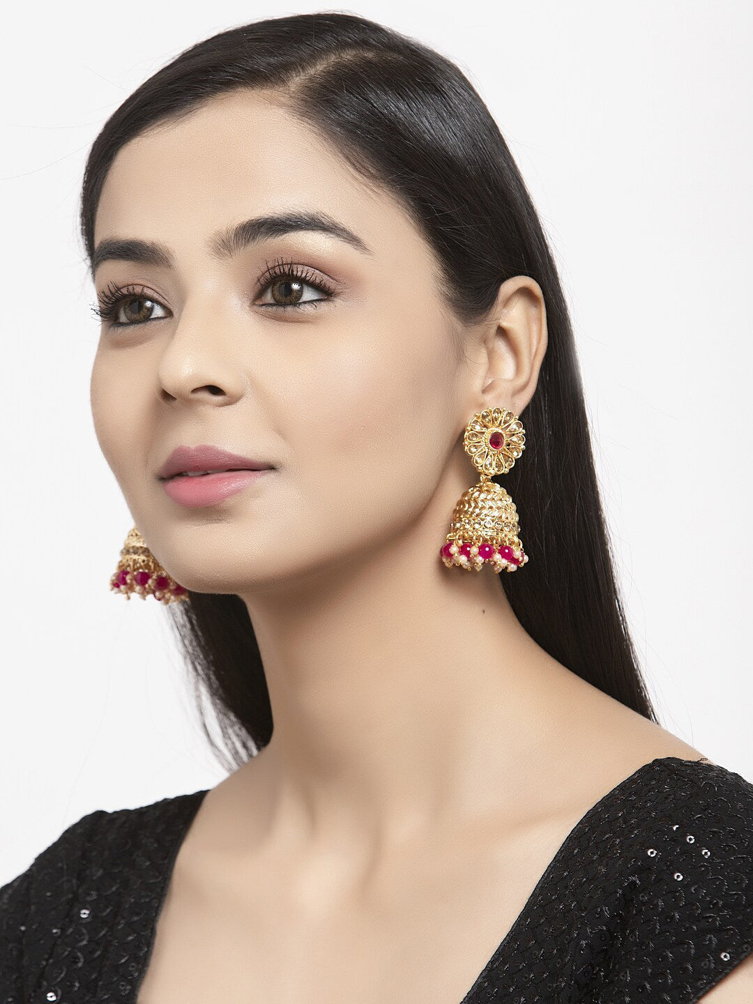 Shining Diva Gold-Polished Pink Dome Shaped Jhumkas | Swadesiicart