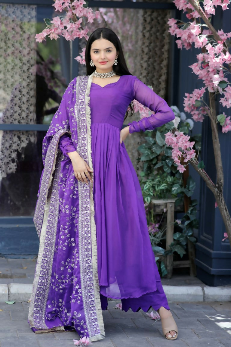Jyoti Fashion Women's Purple Tabby Silk Designer Kurta with Trouser & Dupatta | Swadesiicart